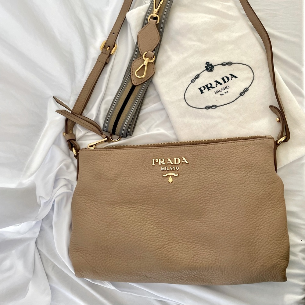 Like New! Prada Dark Beige Crsbdy w/ Lthr&Spt strap/dust bag
11L x 1.5W x 7H